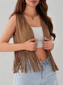 Women's Tassel Sleeveless Vest 70s Hippie Faux Suede Fringe Jacket Cardigan - Camel - View 5
