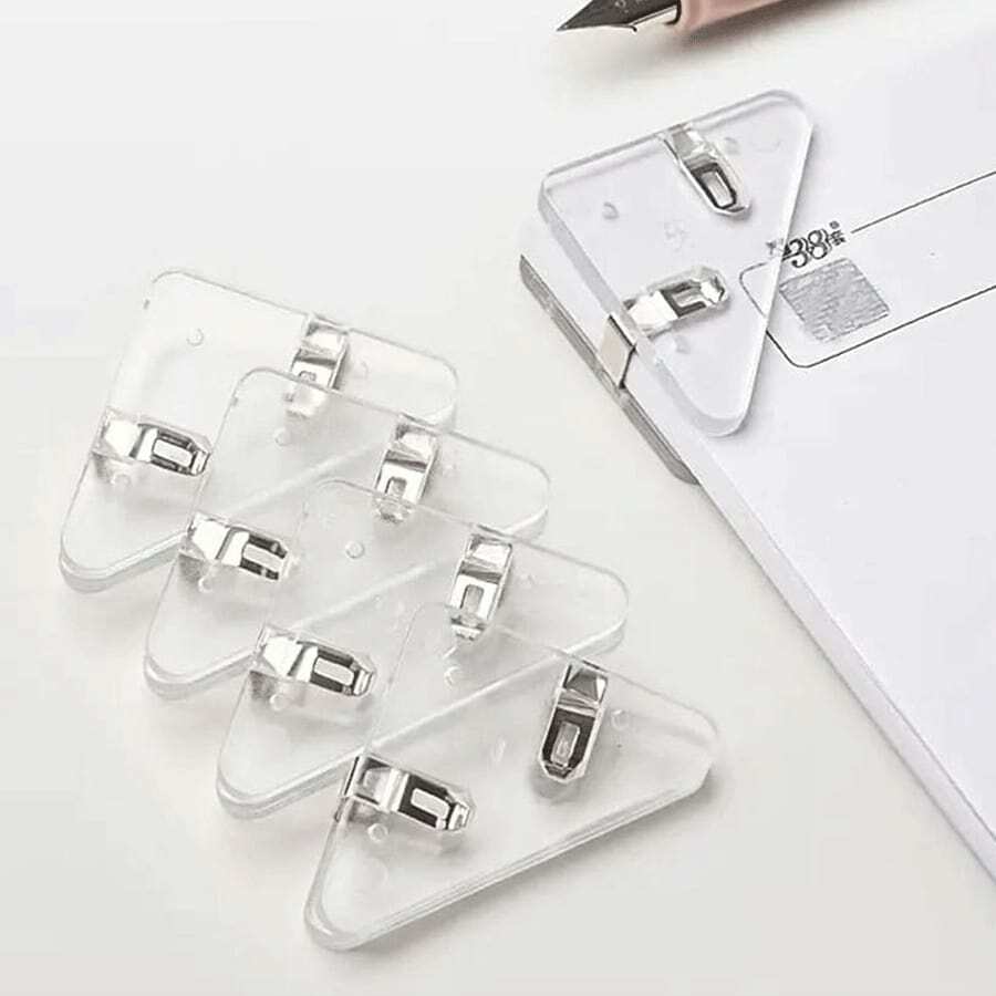 Set de 5 artículos de papelería que incluye ganchos para esquinas de papel, clips de papel triangulares y clips de encuadernación de cola larga para oficina, escuela y uso doméstico, útiles escolares - transparente - Ver 1