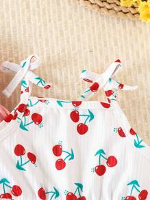2 件套女婴可爱水果和樱桃印花束腰连衣裙套装，休闲日常和旅行装，夏季 - 粉色 - 查看 4
