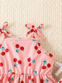 2 件套女婴可爱水果和樱桃印花束腰连衣裙套装，休闲日常和旅行装，夏季 - 粉色 - 查看 3
