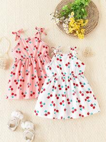 2 件套女婴可爱水果和樱桃印花束腰连衣裙套装，休闲日常和旅行装，夏季 - 粉色 - 查看 2