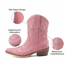 Casual Party Cowgirl Boots – Women's Mid-Calf Western Boots With Embroidered Details, Rhinestones, A Square Toe, And A Chunky Low Heel. Designed For Comfort And Ease With A Pull-On Style, These Boots Are Ideal For Adding Style To Any Casual Or Party Outfit. - 粉色 - 查看 6