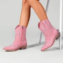 Casual Party Cowgirl Boots – Women's Mid-Calf Western Boots With Embroidered Details, Rhinestones, A Square Toe, And A Chunky Low Heel. Designed For Comfort And Ease With A Pull-On Style, These Boots Are Ideal For Adding Style To Any Casual Or Party Outfit. - 粉色 - 查看 2