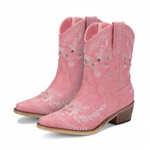 Casual Party Cowgirl Boots – Women's Mid-Calf Western Boots With Embroidered Details, Rhinestones, A Square Toe, And A Chunky Low Heel. Designed For Comfort And Ease With A Pull-On Style, These Boots Are Ideal For Adding Style To Any Casual Or Party Outfit. - 粉色 - 查看 5