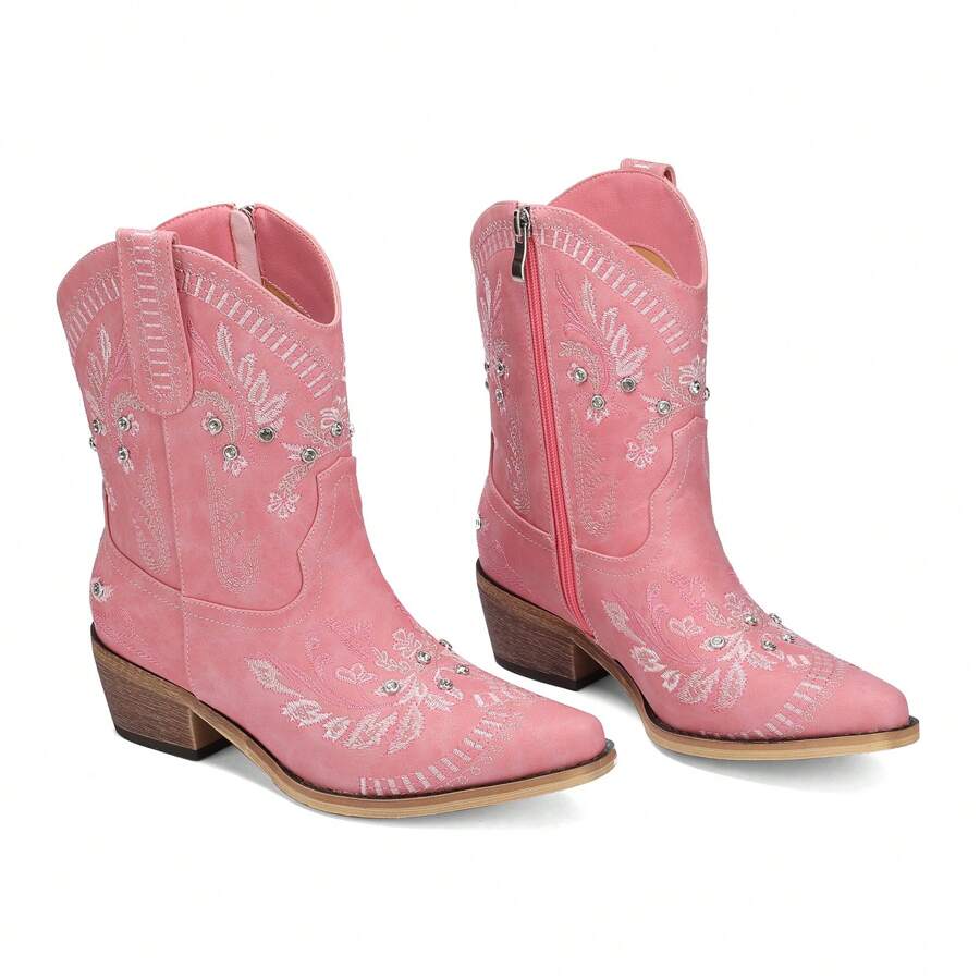 Casual Party Cowgirl Boots – Women's Mid-Calf Western Boots With Embroidered Details, Rhinestones, A Square Toe, And A Chunky Low Heel. Designed For Comfort And Ease With A Pull-On Style, These Boots Are Ideal For Adding Style To Any Casual Or Party Outfit. - 粉色 - 查看 1