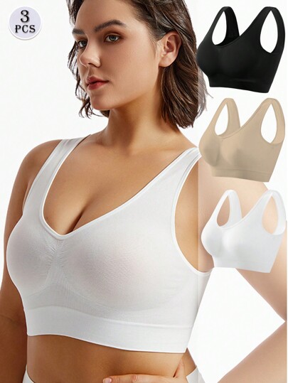 3pcs Plus Size Seamless Sports Bras, Minimalist & Fashionable For Casual Daily Wear
