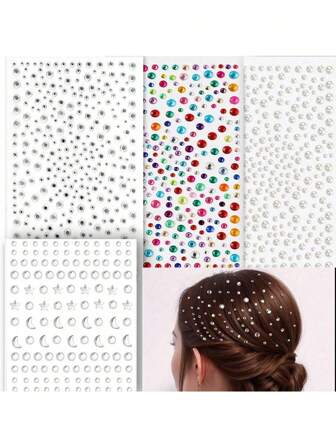 4片装自粘宝石和仿珍珠贴纸，节日饰品，发饰宝石，水钻贴纸，美发造型工具，发饰