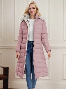 Women's Ultra Long Quilted Cotton Coat With Hood - Stylish And Warm Winter Outerwear - 淺粉色 - 查看 4
