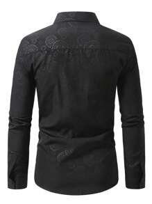Men's 2024 Casual Geometric Print Single-Breasted Black Long Sleeve Shirt