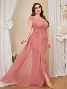 Plus Elegant Deep V-Neck Floral Lace Contrast Mesh Draped Side Split Thigh Formal Party Long Dress, Valentine's Day Dress, Summer Dress, Wedding Guest Dress, Prom Evening Gown, For Graduation, Dinner, Homecoming Dress - Dusty Pink - View 6