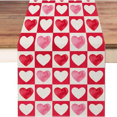 1PC Valentine's Day Table Runner , Red Pink Heart Anniversary Wedding Seasonal Table Decoration For Farmhouse Kitchen Restaurant Party