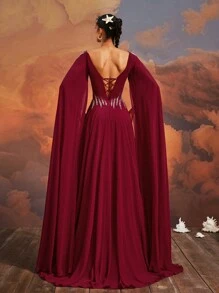 VIPGIRL Luxurious Nude Burgundy Cape Sleeve Evening Gown With Beaded Bodice And Lace-Up Back Women Formal & Evening Dresses, Elegant Prom Dresses For Women, Party Dress, Wedding Guest Dress - Burgundy - View 3