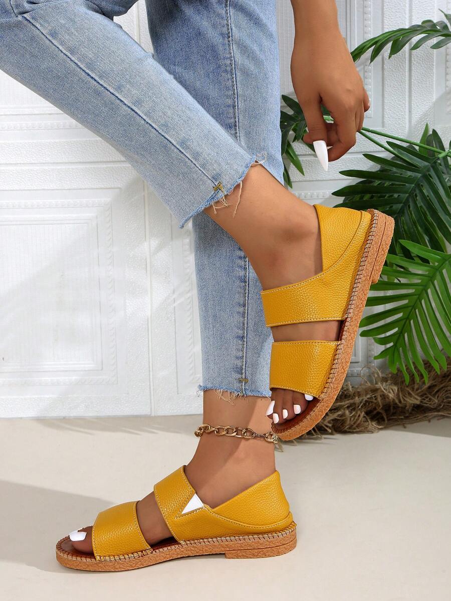 Sandalias planas de mujer con estilo de hada, nuevas sandalias planas con punta redonda y abierta, correa, sandalias de playa - Amarillo - Ver 1