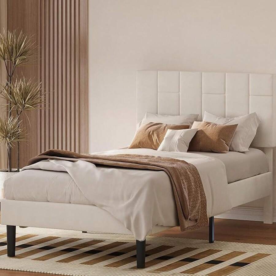 Twin XL Bed Frame With Headboard, Modern Upholstered Platform Bed With Headboard And Wood Slat Support, No Box Spring Required, Grey/Beige - Beige - View 1