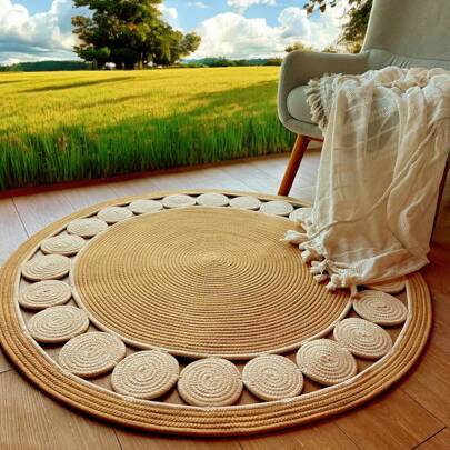 1pc Handwoven Bohemian Style Linen Fiber Round Area Rug, Suitable For Living Room - Geometric Pattern, Beige Rug, Non-Slip Rug, Garden Rug, Bathroom Mat, Washable, Easy To Clean, Pet Friendly, Suitable For Bedroom, Indoor/Outdoor, Room Decor, Christmas Home Decor, Home Decoration!