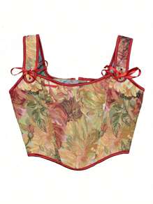 Women Floral Bustier Back Lacing-Up Bow Wide Strap Fish Boned Corset Curved Hemline Crop Tank Tops