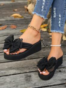 1 Pair Women's Bow Decor Thick Sole Slide Sandals, High Heel Fashion Flip Flops For Summer