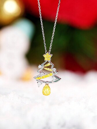 1pc S925 Sterling Silver Creative Christmas Tree Shaped Yellow Zirconia Pendant Necklace, Vintage Elegant For Women, Suitable For Daily Wear, Holiday Party Gift
