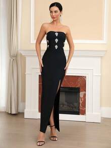 Modphy New Sexy Strapless Luxury Diamond High Slit Maxi Bandage Dress, Elegant Celebrity Evening Gown For Formal Party And Holiday - Black - View 4