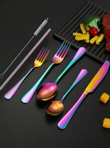 7/28/56 件彩虹不锈钢餐具套装包括刀、叉、勺和不锈钢吸管，镜面抛光，适合家庭聚会、朋友野餐、酒店餐厅、礼物 - 彩色 - 查看 3