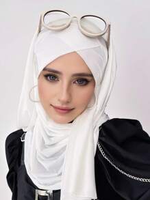 1 件系带水晶亚麻头巾女士速效头巾，纯色经典基本款柔软光滑透气丝绸般亚麻面料围巾，方便的十字设计速效头巾，适合日常工作和生活 Abaya 配饰女士面纱