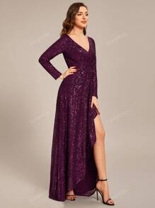 EVERPRETTY Elegant Sequin High Slit Maxi Evening Gown, Formal, Party Dress, For Wedding Guest