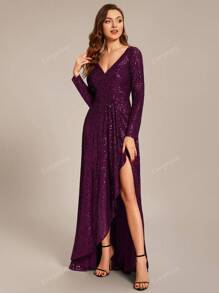 EVERPRETTY Elegant Sequin High Slit Maxi Evening Gown, Formal, Party Dress, For Wedding Guest