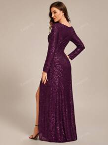 EVERPRETTY Elegant Sequin High Slit Maxi Evening Gown, Formal, Party Dress, For Wedding Guest