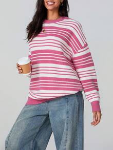 Suéter de rayas de gran tamaño para mujer, cuello redondo, manga larga, jersey de punto, ropa de calle informal para invierno y otoño - Rosa - Ver 4