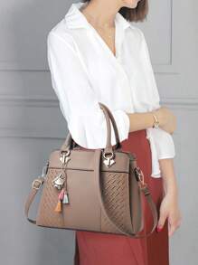 Women's Solid Color Handbag Fashion Embossed Design Shoulder Bag Commuter Office Bag With Tassel Pendant - Màu Khaki - Xem 4