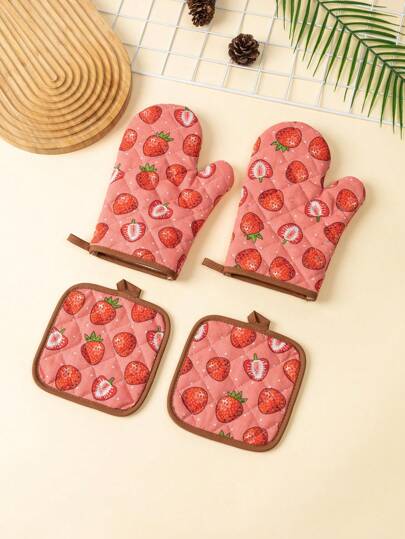 Strawberry Pattern Kitchen Thickened Cooking Microwave Gloves And Insulation Mat For Daily Home Use Kitchen Restaurant Oven Gloves Insulation Mat Set 2PCS 4PCS