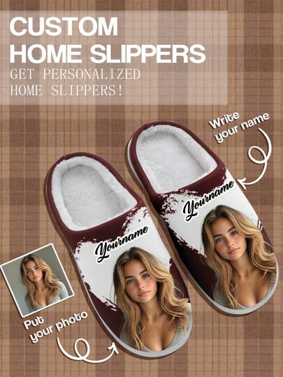 Customized 3D Printed Photo Plush Slippers, Cute Personalized Warm And Comfortable Indoor Home Slippers, Suitable As Gifts For Lover, Mother, Father, Fiancee, Family, Friends, Siblings