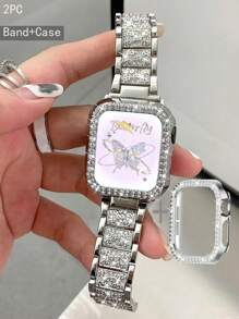 1pc/ Sets Of AppleWatch Band+Apple WatchCase Women's Sparkling Rhinestone Metal Strap+Sparkling Rhinestone Protective Case,Apple WatchStrap+Apple WatchCase Compatible With Apple Watch Ultra/10/9/8/7/6/5/4/3/Se, Suitable For49mm/46mm/45mm/44mm/42(Series10)/42mm/41mm/40mm/38mm Dual Row Sparkling Rhinestone Protective Cover Fashion Strap