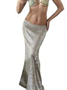 Women's Sequins Long Skirts Low Waist Party Skirts Spring Summer Casual Skirts Streetwear - 銀灰色 - 查看 1