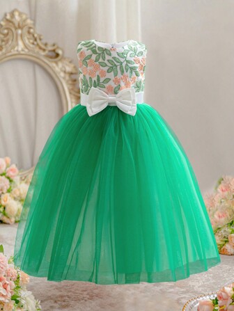 EHOMKIDS 青少年女孩蕾丝花朵刺绣无袖连衣裙，网纱撞色长裙，婚礼/派对礼服