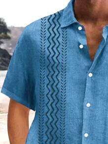 Retro Bohemian Geometric Textured Print Button Pocket Design Plus Size Men Short Sleeve Shirt - Blue - View 3