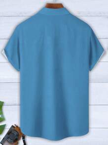 Retro Bohemian Geometric Textured Print Button Pocket Design Plus Size Men Short Sleeve Shirt - Blue - View 2