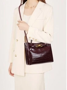 复古新款鳄鱼纹手提包，大容量轻便奢华斜挎单肩包，时尚百搭女士斜挎包，包包女士优雅 - 酒紅色 - 查看 3