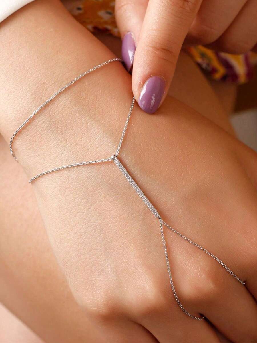 STONEFANS 1 件简约银色水钻全指环链手链，派对珠宝 - 銀色 - 查看 1