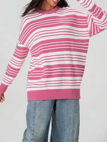Suéter de rayas de gran tamaño para mujer, cuello redondo, manga larga, jersey de punto, ropa de calle informal para invierno y otoño - Rosa - Ver 6