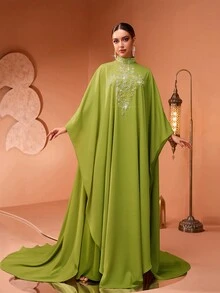 全新时尚奢华优雅珍珠刺绣蕾丝贴花女式土耳其长袍连衣裙 - 綠色 - 查看 3