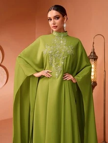 全新时尚奢华优雅珍珠刺绣蕾丝贴花女式土耳其长袍连衣裙 - 綠色 - 查看 6