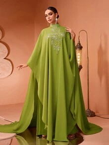 全新时尚奢华优雅珍珠刺绣蕾丝贴花女式土耳其长袍连衣裙 - 綠色 - 查看 5