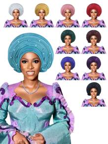 欧美复古英式毛毡头带帽，女士教堂德比帽，饰有花朵，柔软贝雷帽，优雅串珠非洲汽车凝胶头带，手工分层闪亮面料头带，波西米亚风格传统婚礼和派对特殊场合头饰，睡帽 - 尼日利亞頭巾帽 - 查看 12