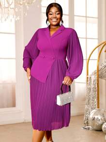 拼布雪纺圆领长袖直筒连衣裙，适合通勤 - 紫色 - 查看 3