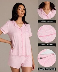 Bebe Pajama Set For Women, Stretch Rayon Knit Short Sleeve PJs For Women Set, Ladies Pajamas Sets - 淺粉紅色石南花 - 查看 2