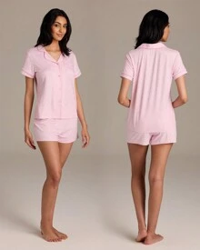 Bebe Pajama Set For Women, Stretch Rayon Knit Short Sleeve PJs For Women Set, Ladies Pajamas Sets - 淺粉紅色石南花 - 查看 3
