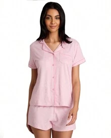 Bebe Pajama Set For Women, Stretch Rayon Knit Short Sleeve PJs For Women Set, Ladies Pajamas Sets - 淺粉紅色石南花 - 查看 1