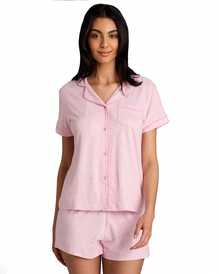 Bebe Pajama Set For Women, Stretch Rayon Knit Short Sleeve PJs For Women Set, Ladies Pajamas Sets - 淺粉紅色石南花 - 查看 1