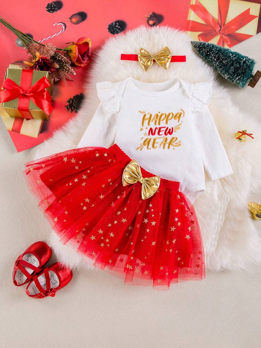 Ensemble de 3 pièces de tenue de Nouvel An pour bébé/fille: body à manches longues avec lettres brodées, jupe, serre-tête
